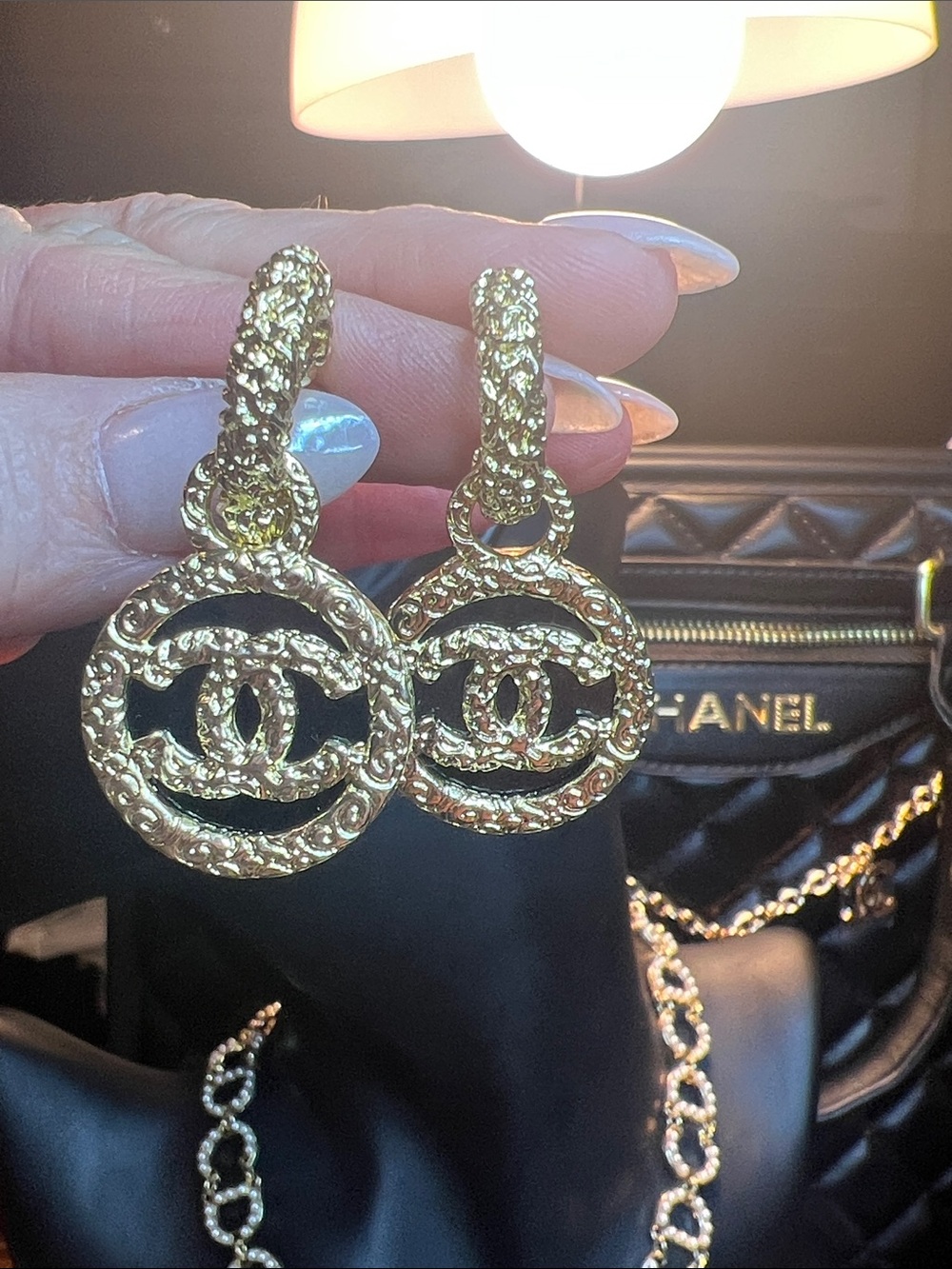 Gold Tone Interlocking C Drop Earrings
